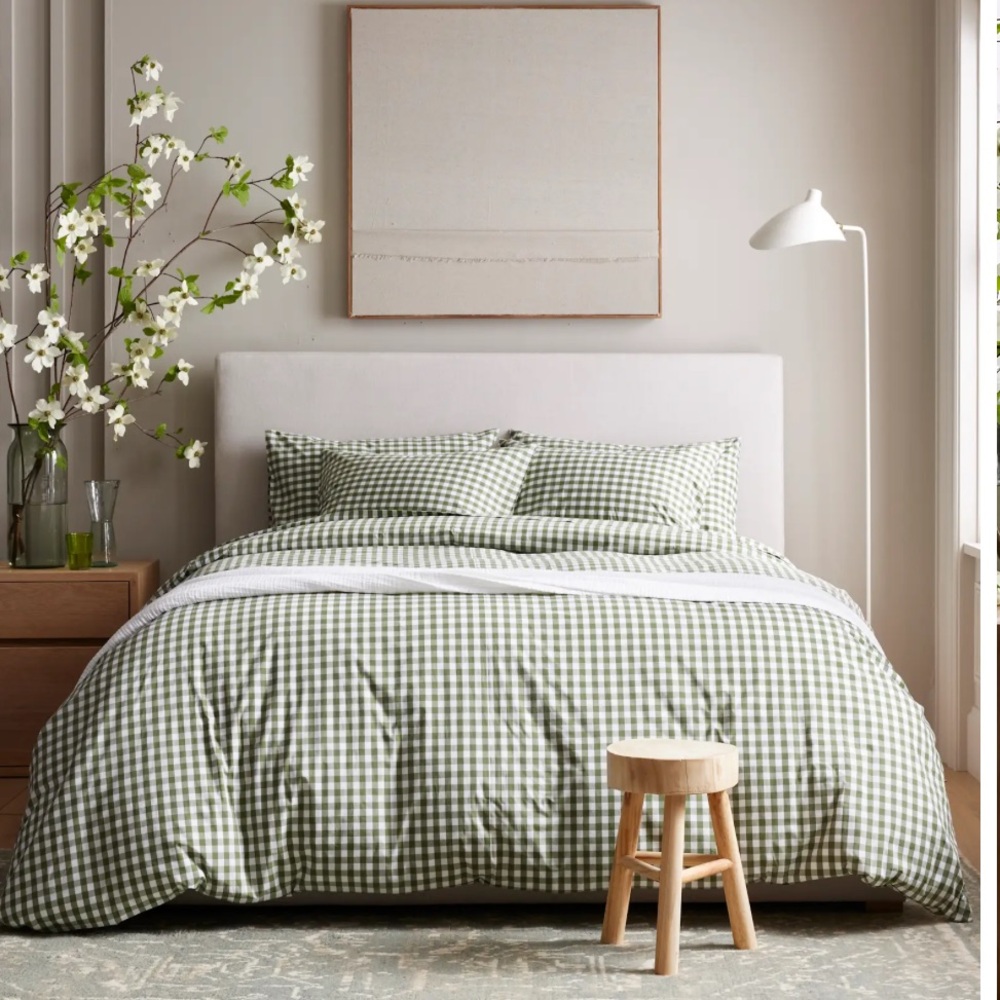 Quince Queen olive percale classic duvet cover pillow cases gingham checkered